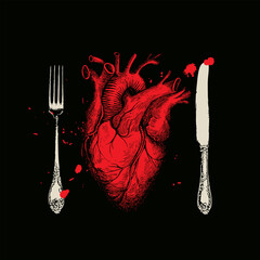 Vector banner with a red human heart, drops of blood, a fork and a knife on a black background. Abstract banner with a detailed drawing of a human internal organ. Dinner of a maniac cannibal - obrazy, fototapety, plakaty