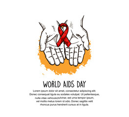 World AIDS Day with hand holding red ribbon hand drawn style. Vector can be use for poster, campaign and banner