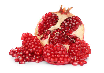Tasty ripe pomegranate with juicy seeds on white background
