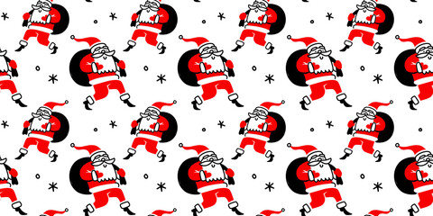 Vector winter horizontal illustration with Santa Claus character with gift bag on white background with snowflake. Flat line art style Christmas seamless pattern design with Santa Claus