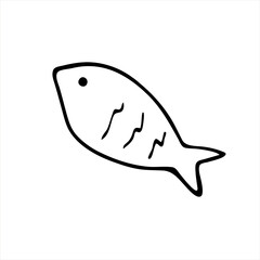Obraz premium Vector image of a fish in doodle style on a white background. Marine life. Black outline of fish for menus, shops, sale of marine products.