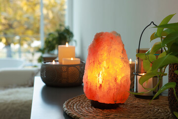 Himalayan salt lamp, houseplant and candles on table indoors, space for text
