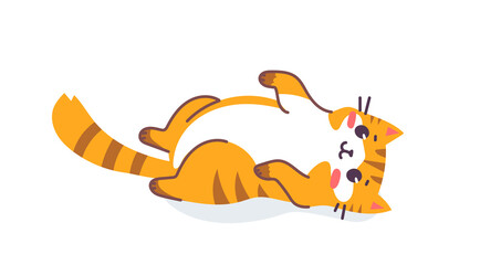Vector illustration of happy cute striped red cat character on white color background. Flat line art style design of lying on back animal tiger cat. Symbol of New Year 2022