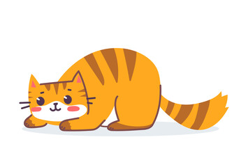 Vector illustration of happy cute striped red cat character on white color background. Flat line art style design of sitting animal tiger cat. Symbol of New Year 2022