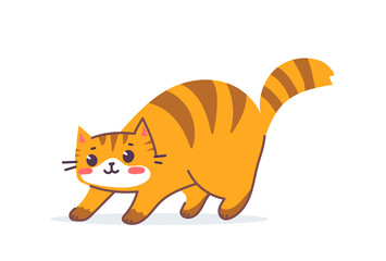 Vector illustration of happy cute striped red cat character on white color background. Flat line art style design of arched back animal tiger cat. Symbol of New Year 2022