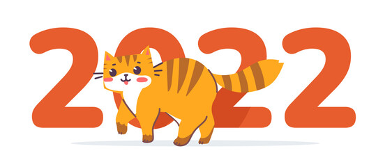 Vector illustration of happy cute striped red cat character on white color background with number 2022. Flat line art style design of walking animal tiger cat. Symbol of New Year 2022