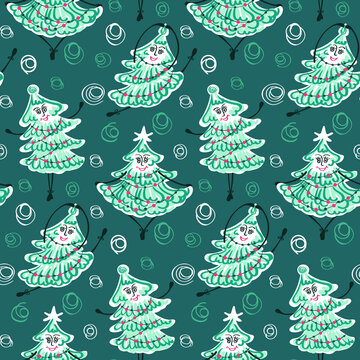 Seamless pattern with funny dancing Christmas trees