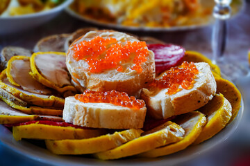 red caviar sandwich, canapé, meat plate, cold snack, serving 