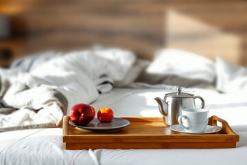 Breakfast in bed on a beautiful winter's day, relaxation and free space 