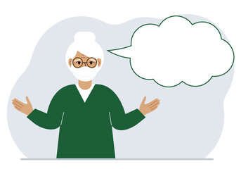 Grandmother with medical mask and blank thoughts, speech bubble. Hands are spread apart. Place for your text.