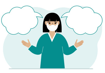 A woman with a medical mask is trying to make the right decision. Left and right are empty bubbles. Comparison of the two solutions.