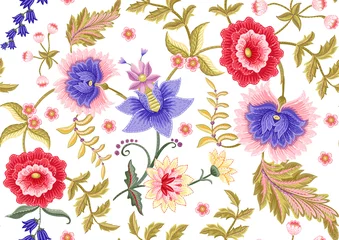 Fotobehang Fantasy flowers in retro, vintage, jacobean embroidery style. Seamless pattern, background. Vector illustration. © Elen  Lane