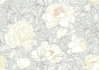 Peonies flowers. Seamless pattern, background. Colored vector illustration. In botanical style In soft orange and green colors. - obrazy, fototapety, plakaty