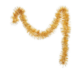 Shiny golden tinsel isolated on white. Christmas decoration