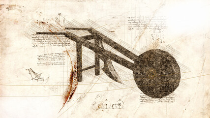 3d illustration - farm tool cart  drawing in style of Leonardo Da Vinci