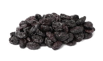 Pile of sweet dried prunes on white background