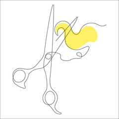 Scissors cut off the curl. Hairdressing services. One line drawing.