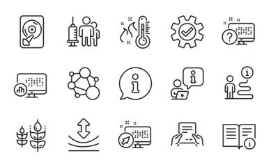 Science icons set. Included icon as Technical info, Resilience, Hdd signs. Web system, Receive file, Report statistics symbols. Service, Medical vaccination, High thermometer. Integrity. Vector