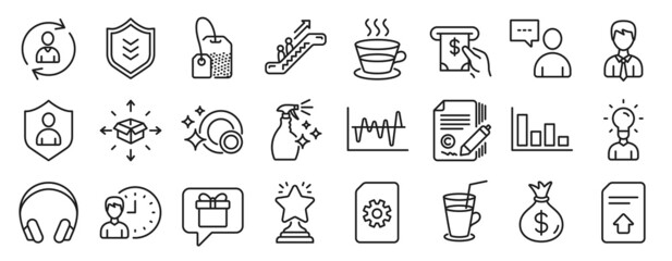 Set of line icons, such as Money bag, Businessman, File management icons. Users chat, Working hours, Coffee cup signs. Headphones, Clean dishes, Shield. Winner, Histogram, Stock analysis. Vector