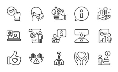 People icons set. Included icon as Settings blueprint, Hiring employees, Interview job signs. Medical mask, Wash hands, Like hand symbols. Checkbox, Medical help, Analysis graph. Vector