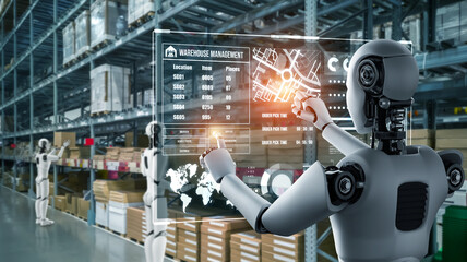 Innovative industry robot working in warehouse for human labor replacement . Concept of artificial...