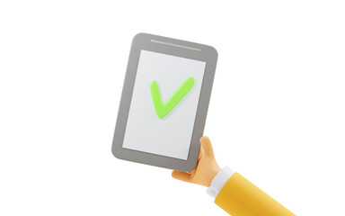 Hand holds clipboard with paper sheet and green check mark. Male business arm in yellow jacket confirmed document tick. Cartoon 3d render illustration isolated on white background