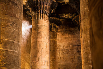 Interior room of the Temple of Edfu with huge columns decorated with hieroglyphics. Photograph...