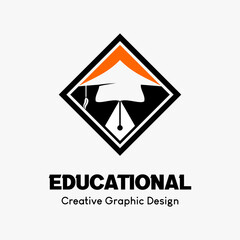 logo symbol for education. icon of a spotted pen tip and graduation cap in rhombus. education vector logo template.