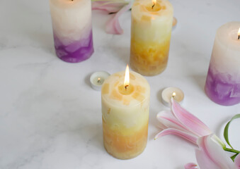 candle burning, flower lily background