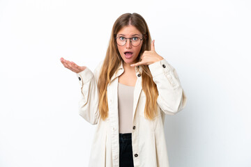 Young blonde woman isolated on white background making phone gesture and doubting