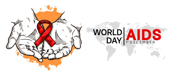 World AIDS Day with hand holding red ribbon and world map hand drawn style. Vector can be use for poster, campaign and banner