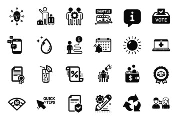 Vector Set of Business icons related to Recycle, Communication and Water drop icons. Sun energy, Shuttle bus and 5g wifi signs. Employees teamwork, Notification calendar and Medical help. Vector