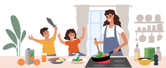 Cartoon woman preparing food for kids. Kitchen home vector interior