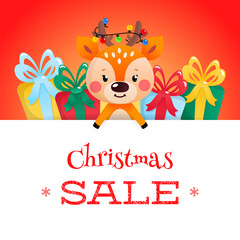 Christmas sale banner with a with a cute deer. Winter illustration of  gift boxes and a little deer holding a big white signboard on a red background. Vector 10 EPS.
