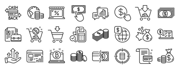Set of Finance icons, such as Payment card, Shopping cart, Online market icons. Bitcoin, Web report, Online accounting signs. Buy currency, Banking money, Cashback card. Savings, Budget. Vector
