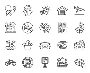 Vector set of Ship, Medical helicopter and Airplane travel line icons set. Lighthouse, Bicycle and Car leasing icons. Delivery location, Hold box and Metro subway signs. Ship web symbol. Vector