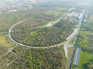 Aerial view of The Autodromo Nazionale of Monza, that is a race track located near the city of...