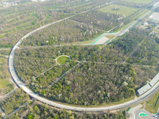Aerial view of The Autodromo Nazionale of Monza, that is a race track located near the city of...