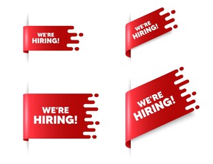 We are hiring text. Red ribbon tag banners set. Recruitment agency sign. Hire employees symbol. Hiring sticker ribbon badge banner. Red sale label. Vector