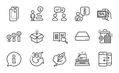 Technology icons set. Included icon as Copyright chat, Mini pc, Customer satisfaction signs. Smartphone glass, Typewriter, Image album symbols. Phone communication, People voting, Get box. Vector