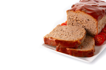 Traditional American meatloaf with ketchup isolated on white background.