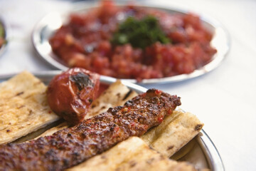 Traditional Adana kebab served with tomatoe salad on a plate on white table, close up, isolated
