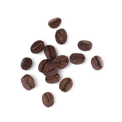 Roasted coffee beans on white background, top view