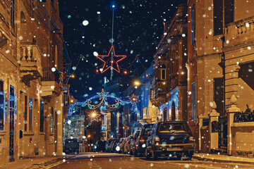 Authentic night street of old city of Malta with Christmas lights decorations and illuminations....