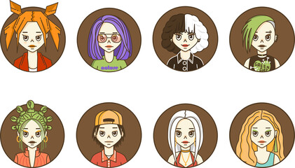A set of icons of eight avatars of girls with colored hair and various accessories.