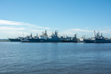 Old Russian Navy ships docked in Kronstadt on Kotlin Island