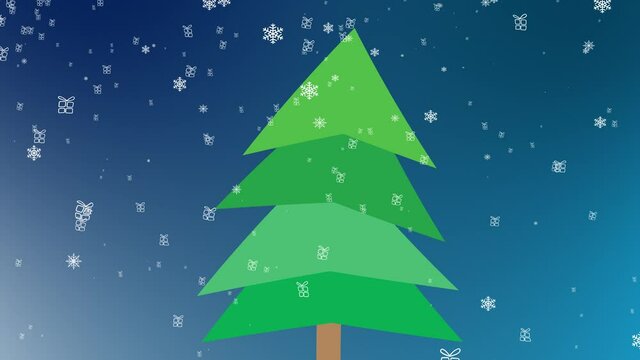 Snow covered winter forest under stormy snowfall and dark sky. Winter scene as 4k animation loop.