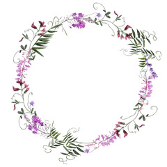 Fototapeta na wymiar Botanical floral wreath, Watercolor wreath, Spring flowers frame, Isolated on white background, Hand drawing wild flowers, Wild herbs Illustration for invitation, greeting cards, wedding