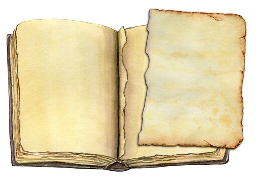An old open book with a torn page old pages of a book without text. Watercolor painting.