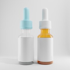 two glass droppers bottle different color with blank label  on white background 